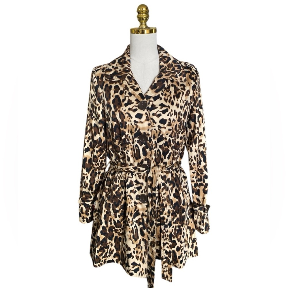 Women’s Cotton Blend Leopard Print Button Front Belted Long Sleeve Jacket Size M